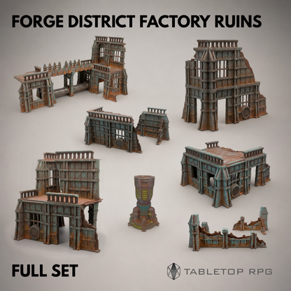 Forge District Factory Ruins - all 7 models arranged on the table