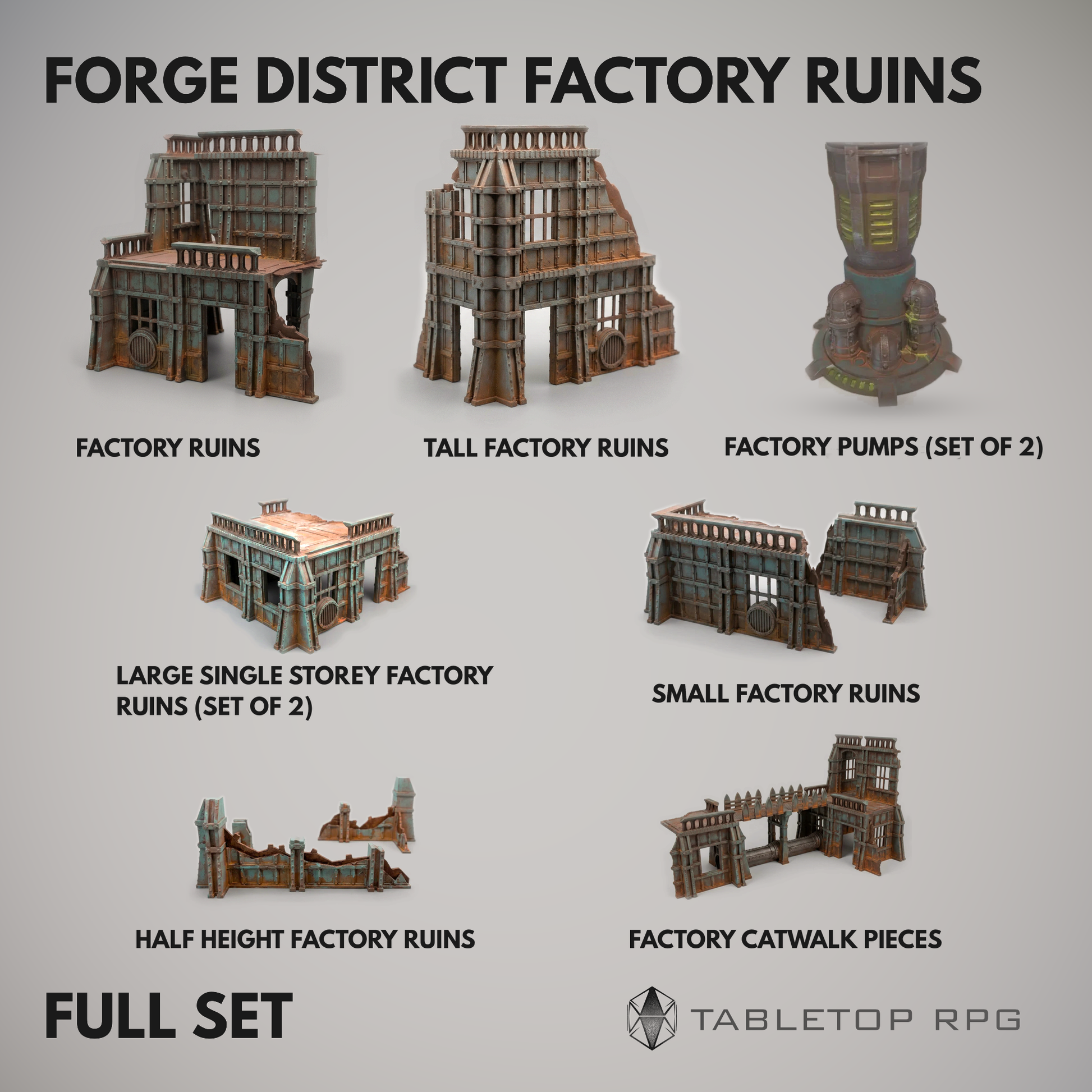 Forge District Factory Ruins - what's in the full set, all 7 models named and shown to relative scale