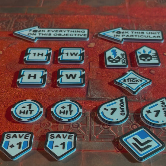 ttr-327-video-set: slow pan across the full token set laid out on a gaming table
