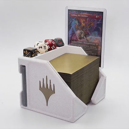 Commander deck organiser being loaded with a deck, commander card and dice (designer footage, Delta Made)