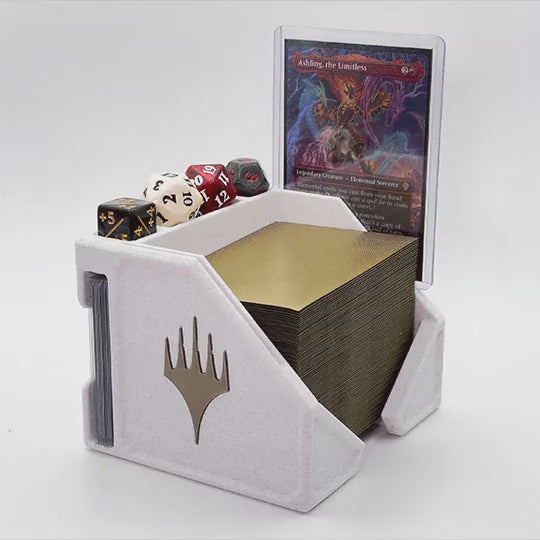 Commander deck organiser being loaded with a deck, commander card and dice (designer footage, Delta Made)