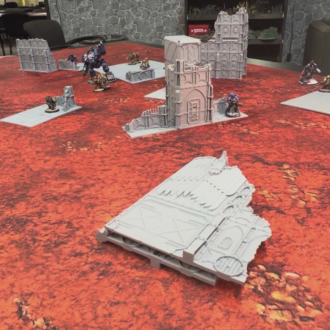 Foldable armored ruins terrain table opening and closing in one motion