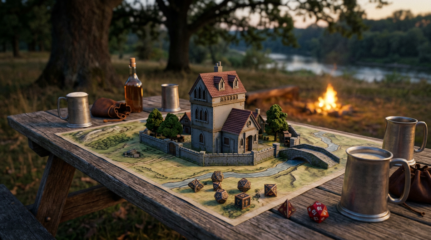 Summer Campaign Season hero: outdoor dusk picnic-table with battlemap, terrain, dice, and drinks. River vista in background.