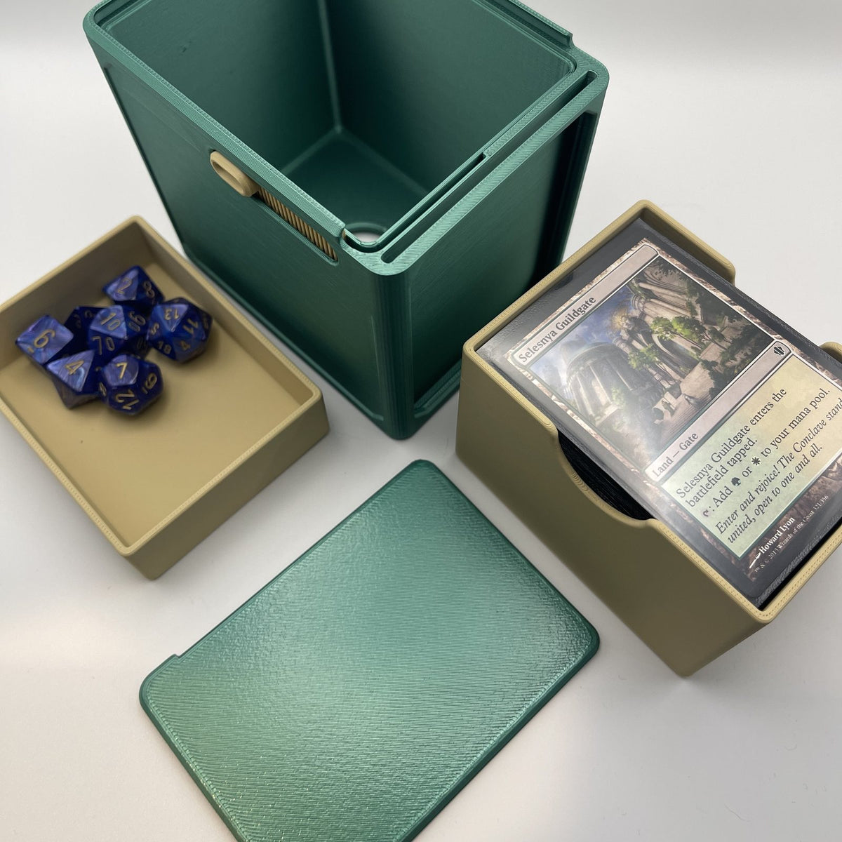 Lockable Commander deck box opened, showing the deck tray, dice tray and lid