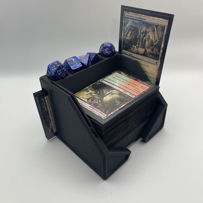 Commander deck organiser holding a deck, commander card and dice